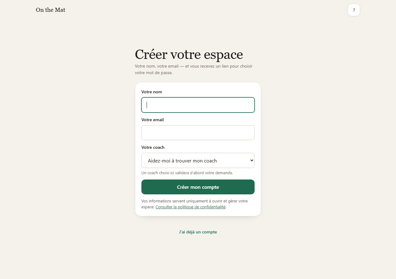 Formulaire unique de création de l’espace élève On the Mat